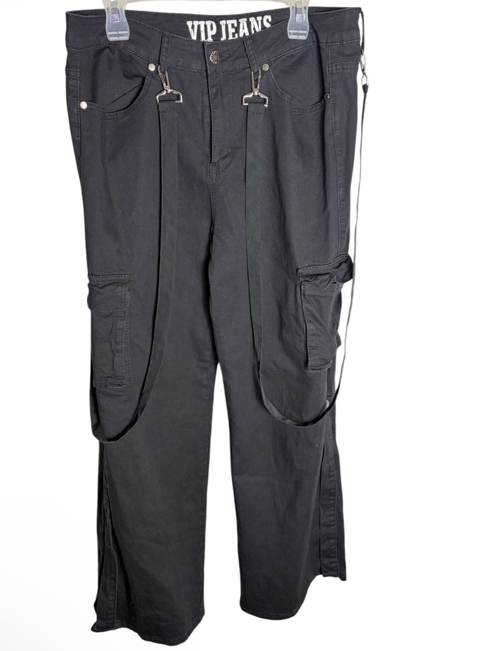 Black unisex wide leg bondage strap cargo pants size 15/16
